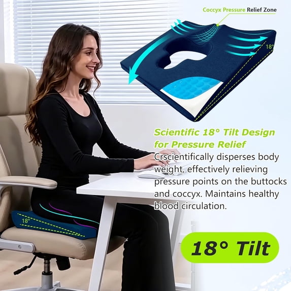 Gel Wheelchair Seat Cushion with 18 ° Tilt for Pressure Relief, Bed Sore Prevention, Sciatica and Tailbone Pain Support, Blue