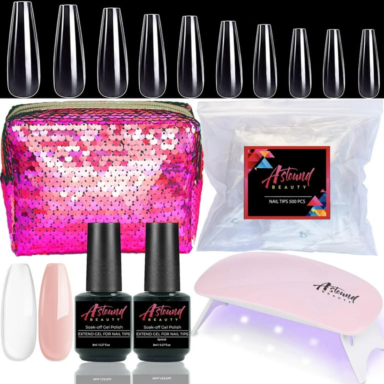 Gel X Nails - 2 in 1 Nail Glue and Base Coat with Clear and Apricot Color,  UV LED Lamp with 500Pcs Coffin Nail Tips - All-in-One Gel Nail Polish Kit