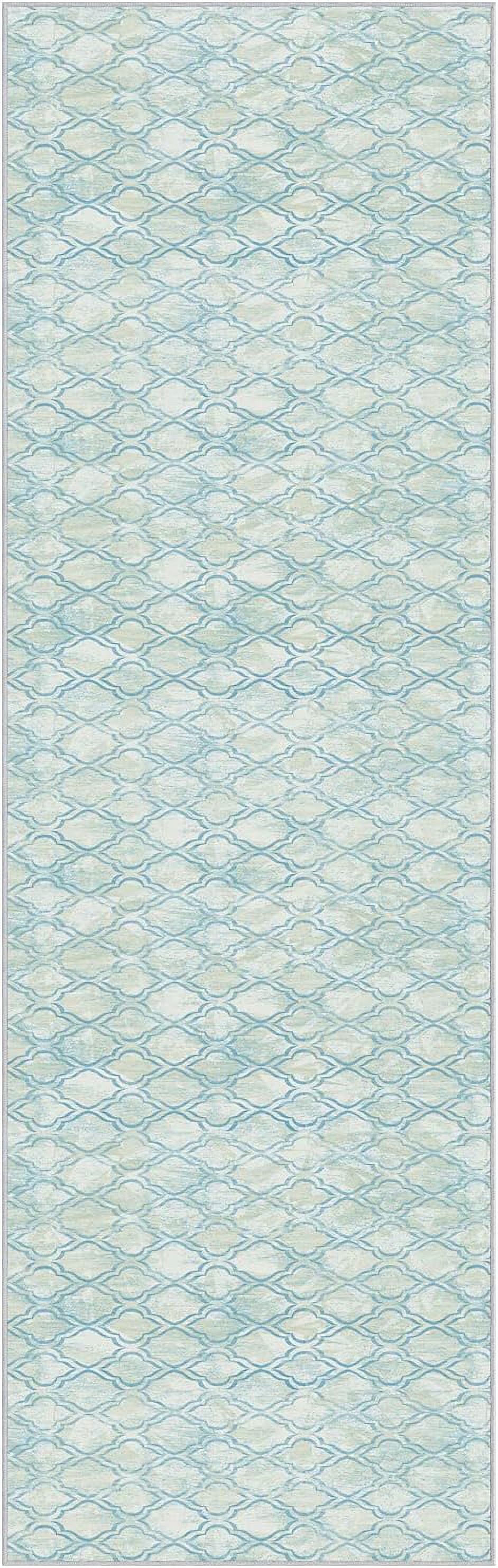 Blue and Beige Chenille Flat Woven Washable Runner Rug
