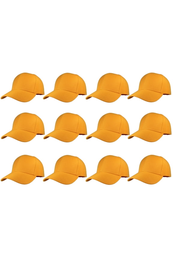 Adult Plain Baseball Hat Cap Adjustable Back Strap 12 Pack-Gold