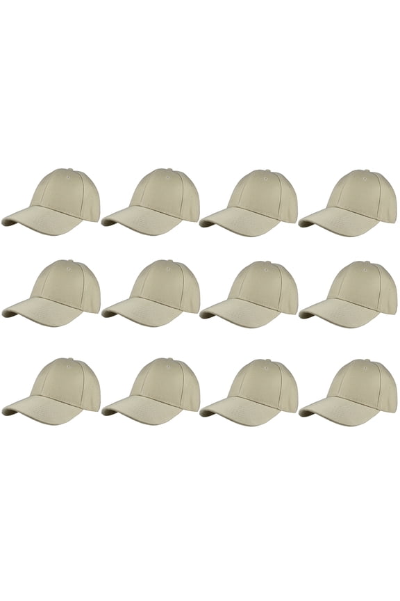 Adult Plain Baseball Hat Cap Adjustable Back Strap 12 Pack-Khaki