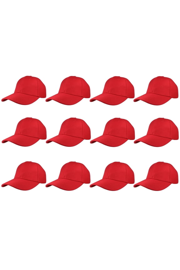 Adult Plain Baseball Hat Cap Adjustable Back Strap 12 Pack-Red