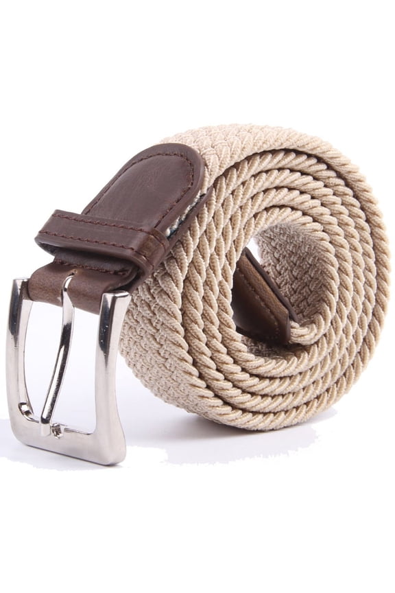 Adult's Canvas Elastic Fabric Woven Stretch Braided Belts Solid Color - Beige, L