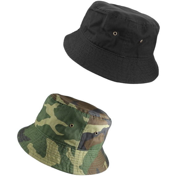 Gelante Bucket Hat 100% Cotton Packable Summer Travel Cap. 2PC: Black / Camo-L/XL