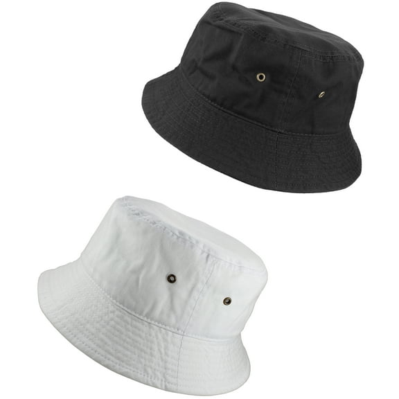Gelante Bucket Hat 100% Cotton Packable Summer Travel Cap. 2PC: Black / White-L/XL