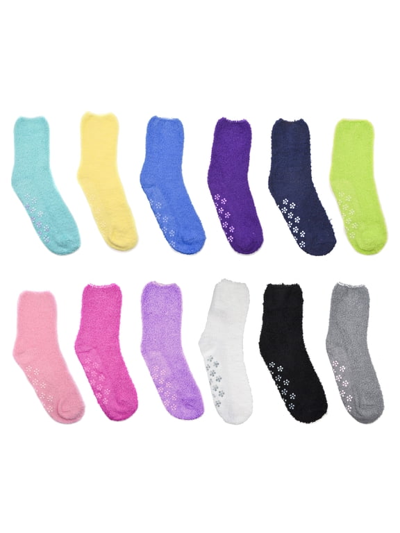 Fuzzy Sock Ultra Soft Warm Non Skid/Slip Gripper Crew Socks 12 Pairs S1101