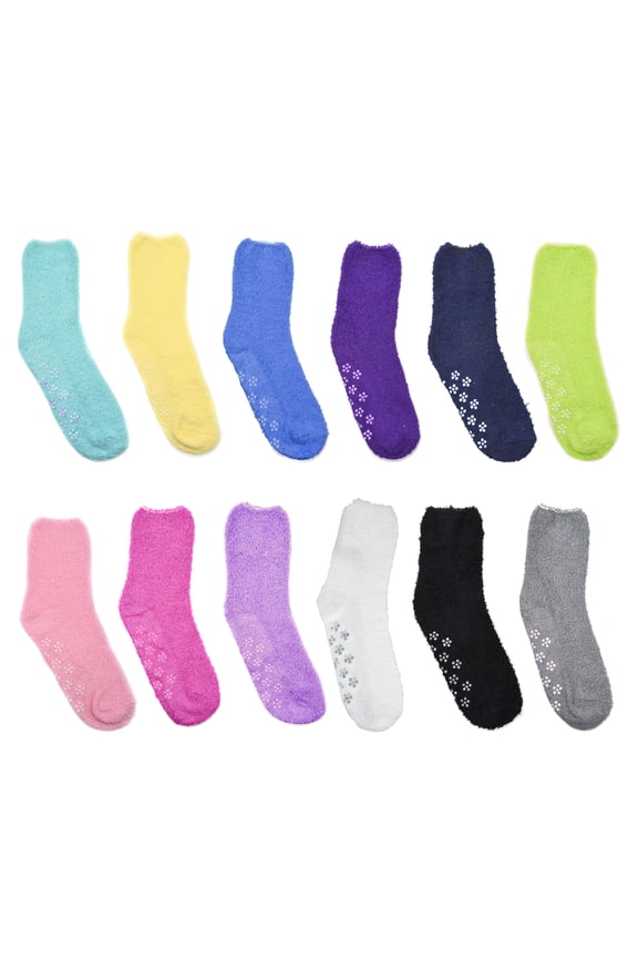 Fuzzy Sock Ultra Soft Warm Non Skid/Slip Gripper Crew Socks 12 Pairs S1101