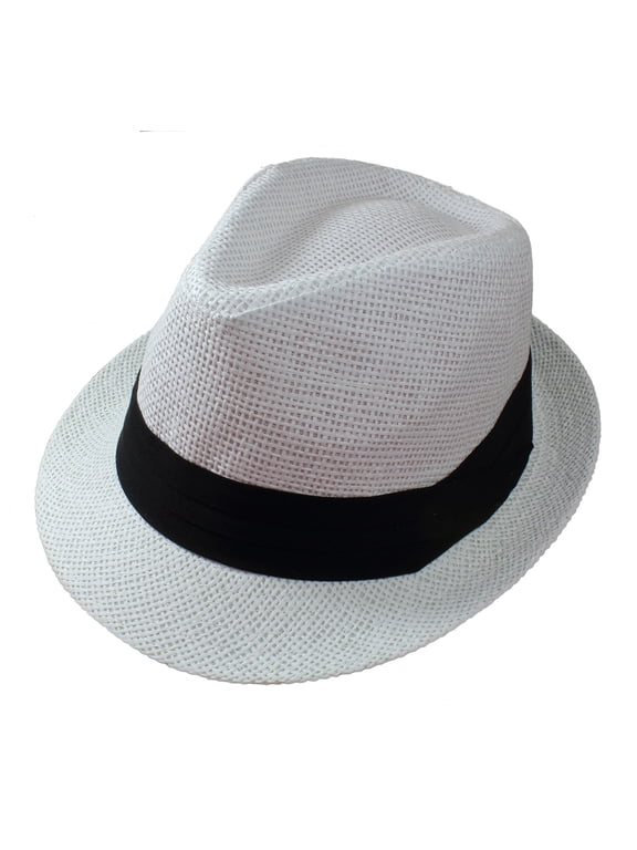 Summer Fedora Panama Straw Hats with Black Band - White, L/XL