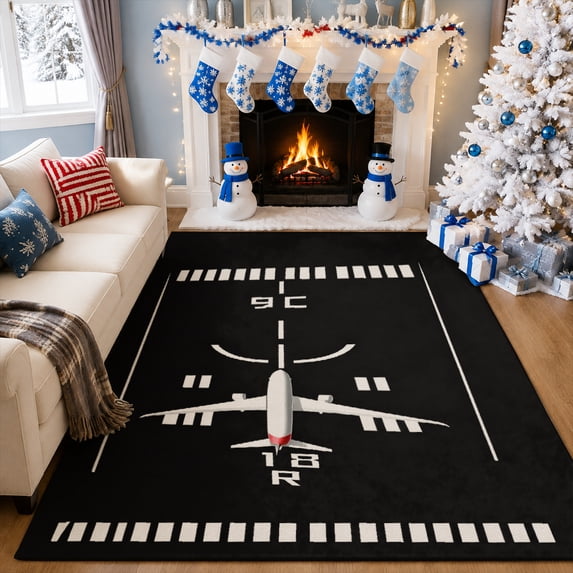 Gelasgo Airplane Runway Velvet Area Rug, Aviation Theme Rectangle Floor Carpet, Soft Plush Non Slip Rug for Kids Room Playroom 78.7"×55.1"