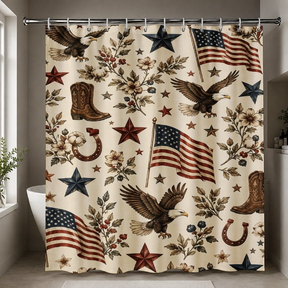 Gelasgo American Flag Eagle Cowboy Boots Shower Curtain Patriotic Stars Western Theme Waterproof Fabric Bathroom Decor Bath Curtain with Hooks