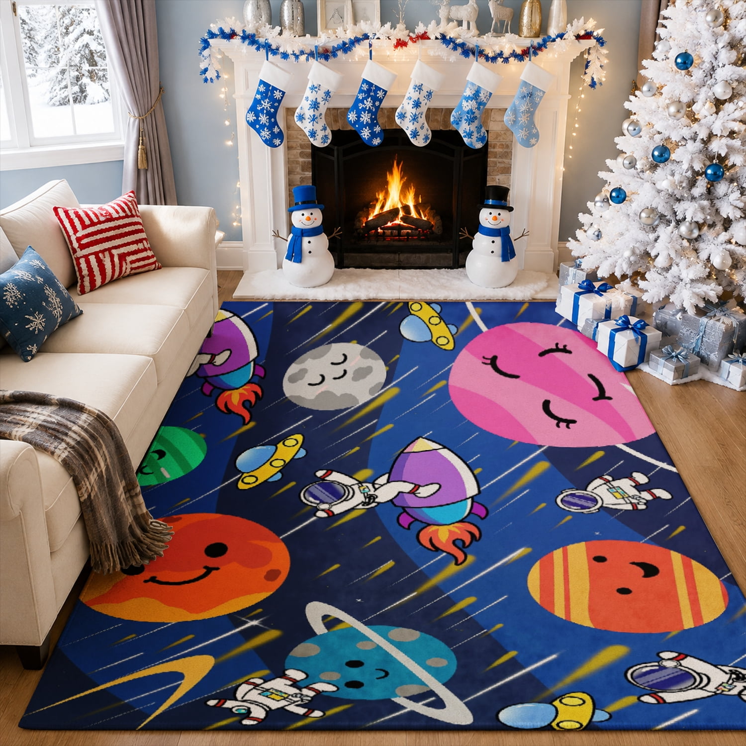 Gelasgo Cartoon Space Planet Velvet Area Rug, Astronaut Rocket ...