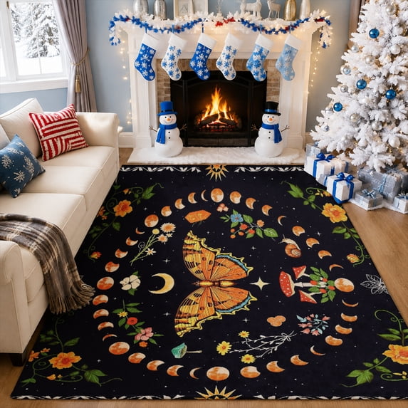 Gelasgo Celestial Moon Mushroom Velvet Area Rug, Boho Floral Decorative Carpet, Soft Indoor Floor Mat for Bedroom Living Room Dorm Home Decor