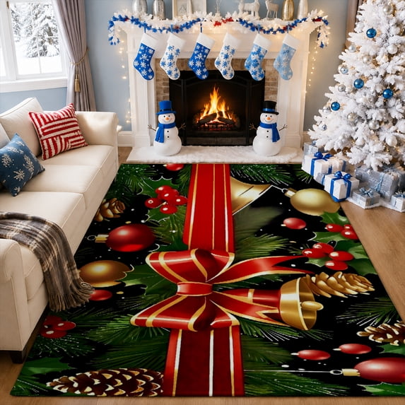 Gelasgo Christmas Bow Bell Velvet Area Rug, Holiday Decoration Pattern Rectangle Floor Carpet, Soft Plush Non Slip Rug for Home Decor 63"×39.4"