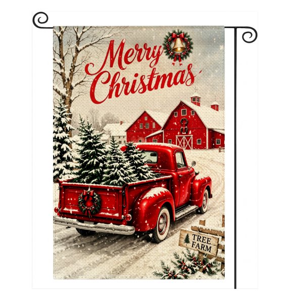 Gelasgo Christmas Garden Flag Burlap Merry Christmas Red Truck Tree Yard Banner Holiday Outdoor Decor Double Sided 12x18