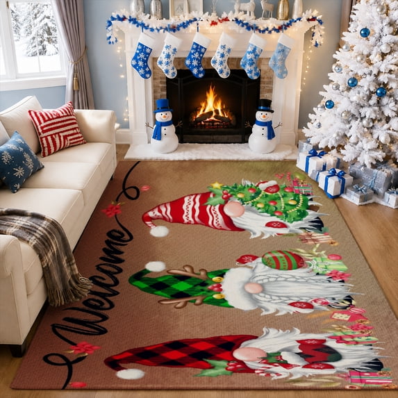 Gelasgo Christmas Gnome Velvet Area Rug, Holiday Character Pattern Rectangle Floor Carpet, Soft Plush Non Slip Rug for Living Room Bedroom