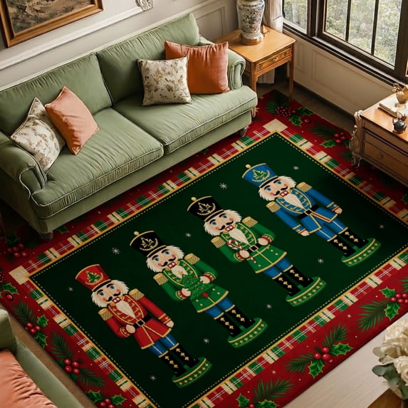 Gelasgo Christmas Nutcracker Soft Velvet Area Rug, Holiday Plaid Border Floor Mat Non-Slip Washable Rectangle Rug for Living Room Bedroom Decor