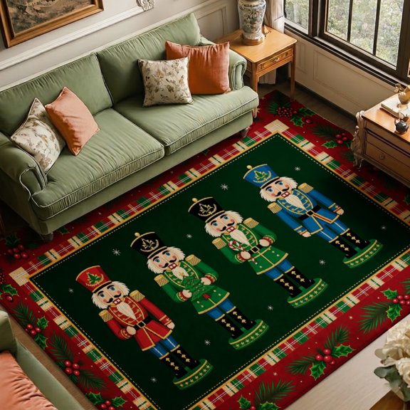 Gelasgo Christmas Nutcracker Soft Velvet Area Rug, Holiday Plaid Border Floor Mat Non-Slip Washable Rectangle Rug for Living Room Bedroom Decor
