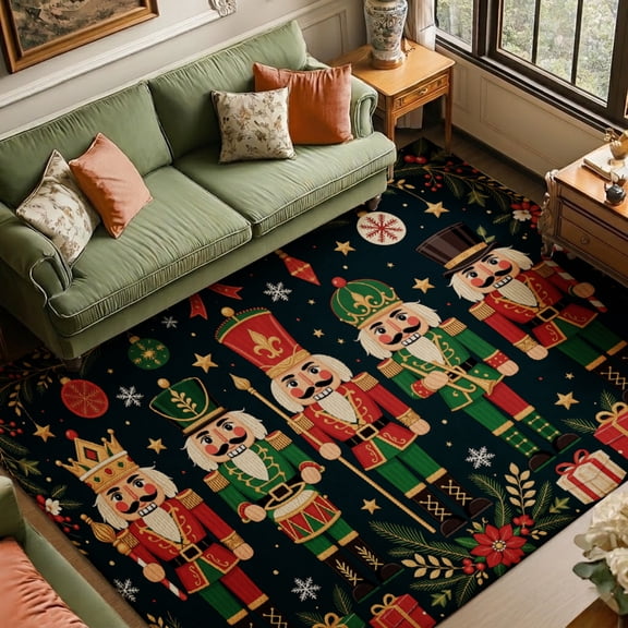 Gelasgo Christmas Nutcracker Soft Velvet Area Rug, Holiday Soldier Pattern Floor Mat Non-Slip Washable Rectangle Rug for Living Room Bedroom Decor