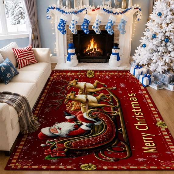 Gelasgo Christmas Santa Sleigh Velvet Area Rug, Holiday Rectangle Floor Carpet, Soft Plush Non Slip Rug for Living Room Bedroom Decor 47.2"×31.5"