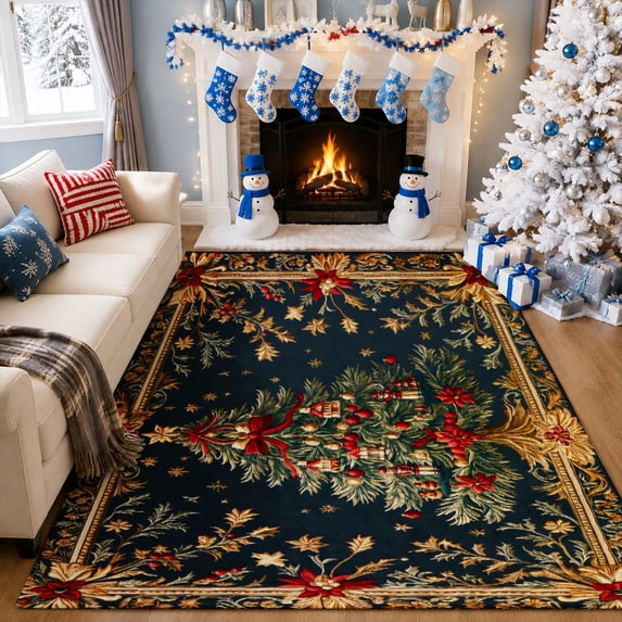 Gelasgo Christmas Tree Velvet Area Rug, Vintage Holiday Pattern Rectangle Floor Carpet, Soft Plush Non Slip Rug for Home Decor