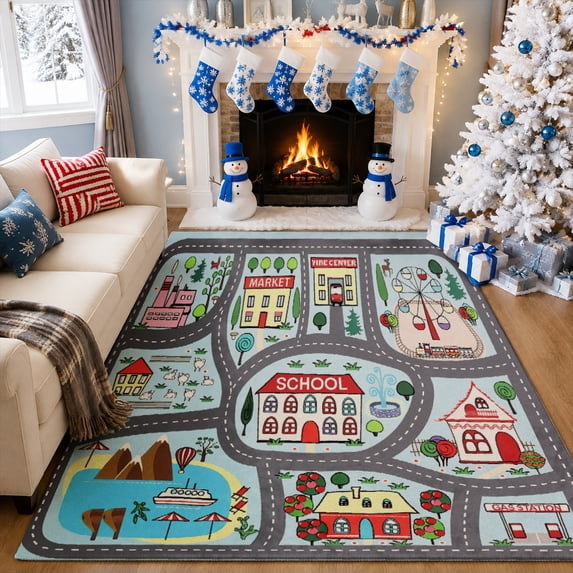 Gelasgo City Road Map Velvet Area Rug, Colorful Street Traffic Decorative Carpet, Soft Indoor Floor Mat for Kids Room Playroom Bedroom Game Room Home Decor