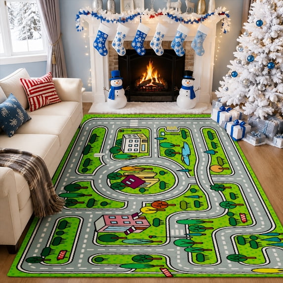 Gelasgo City Road Map Velvet Area Rug, Traffic Pattern Rectangle Floor Carpet, Soft Plush Non Slip Rug for Kids Room Playroom Decor 47.2"×31.5"