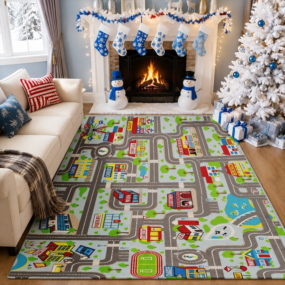 Gelasgo City Traffic Road Map Velvet Area Rug, Colorful Street Track Decorative Carpet, Soft Indoor Floor Mat for Kids Room Playroom Bedroom Nursery Home Decor