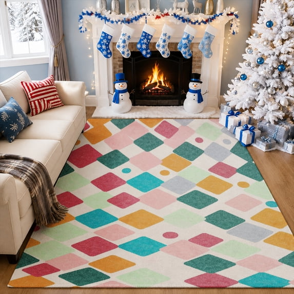 Gelasgo Colorful Geometric Velvet Area Rug, Diamond Pattern Decorative Carpet, Soft Indoor Floor Mat for Bedroom Living Room Nursery Dorm Office Home Decor