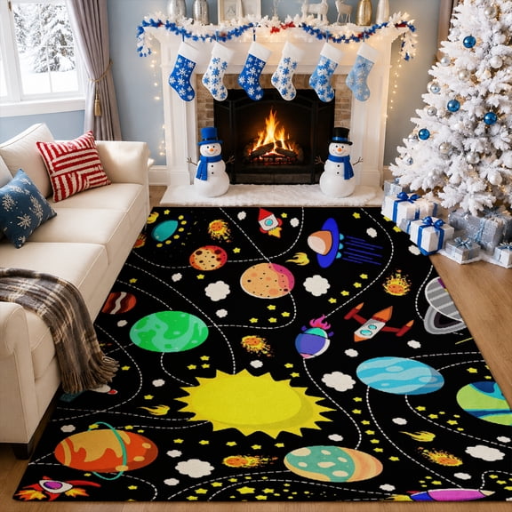 Gelasgo Colorful Planets Space Velvet Area Rug, Solar System Decorative Carpet, Soft Indoor Floor Mat for Kids Room Bedroom Nursery Playroom Astronomy Decor