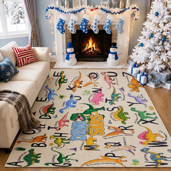 Gelasgo Dinosaur Alphabet Velvet Area Rug, Colorful ABC Learning Decorative Carpet, Soft Indoor Floor Mat for Kids Room Nursery Classroom Playroom Bedroom Home Decor