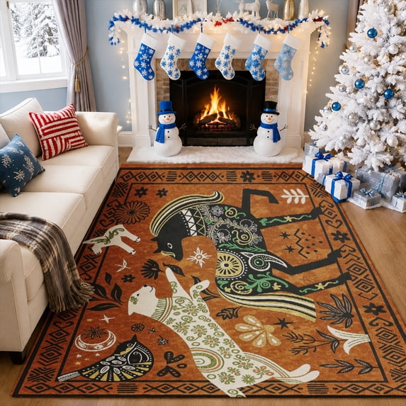 Gelasgo Elephant Botanical Velvet Area Rug, Vintage Animal Floral Decorative Carpet, Boho Indoor Floor Mat for Bedroom Living Room Office Dorm Home Decor