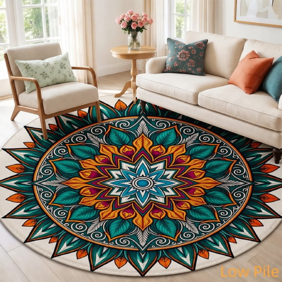 Gelasgo Geometric Mandala Soft Velvet Round Area Rug, Colorful Floral Circle Floor Mat Non-Slip Washable Circular Rug for Living Room Bedroom 6ft Floor Rug