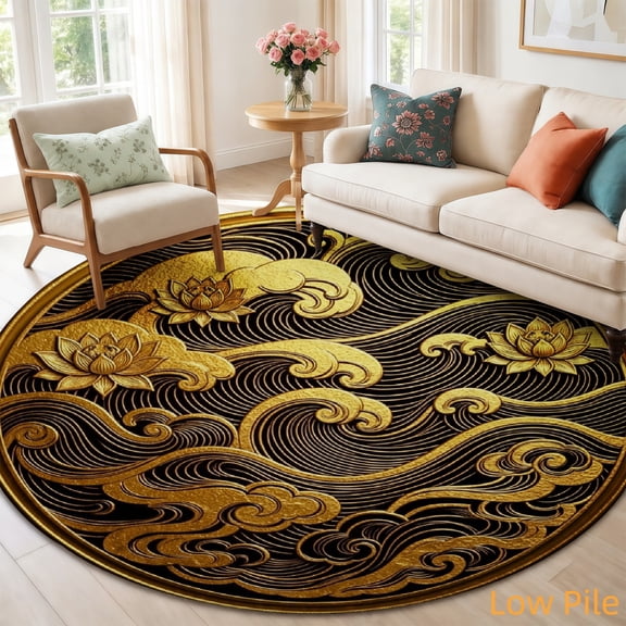 Gelasgo Golden Cloud Lotus Soft Velvet Round Area Rug, Vintage Oriental Circle Floor Mat Non-Slip Washable Circular Rug for Living Room Bedroom 2.6ft Floor Rug
