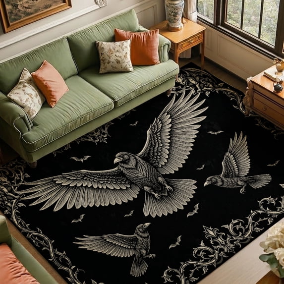Gelasgo Gothic Eagle Soft Velvet Area Rug, Dark Flying Bird Skeleton Border Floor Mat Non-Slip Washable Rectangle Rug for Living Room Bedroom