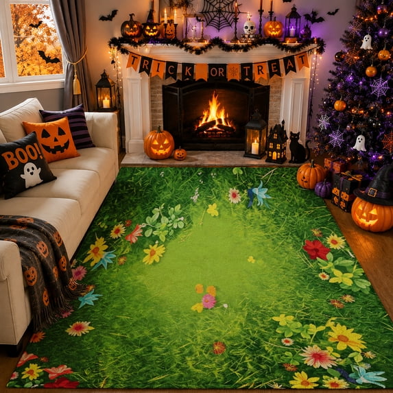 Gelasgo Green Meadow Flower Velvet Area Rug, Soft Spring Wildflower Butterfly Decorative Accent Floor Mat Carpet for Bedroom Living Room