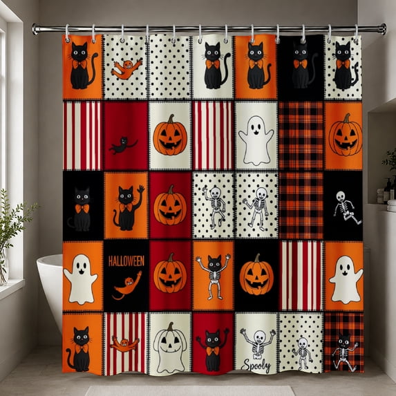 Gelasgo Halloween Grid Pattern Shower Curtain Polyester Fabric Waterproof Bathroom Curtains 72x72 Inch Black Cat Ghost Pumpkin Decor