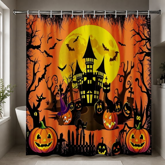 Gelasgo Halloween Haunted House Shower Curtain Polyester Fabric Waterproof Bathroom Curtains 72x72 Inch Spooky Moon Pumpkin Decor
