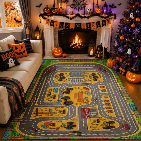 Gelasgo Kids Town City Road Map Velvet Area Rug, Soft Educational Play Mat Toy Car Track Floor Carpet for Children Playroom Bedroom