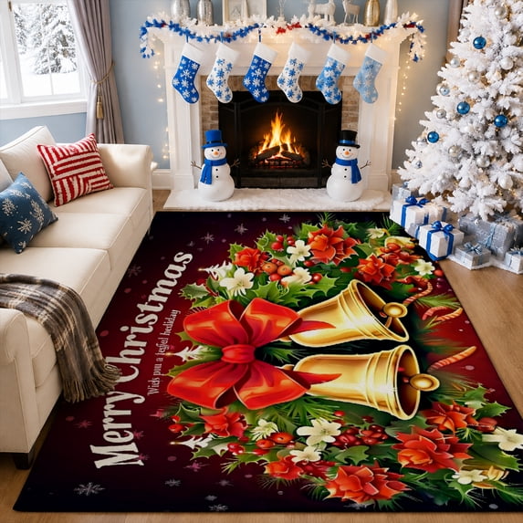 Gelasgo Merry Christmas Velvet Area Rug, Holiday Floral Pattern Rectangle Floor Carpet, Soft Plush Non Slip Rug for Living Room Bedroom