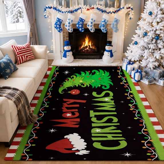 Gelasgo Merry Christmas Velvet Area Rug, Holiday Typography Pattern Rectangle Floor Carpet, Soft Plush Non Slip Rug for Living Room Bedroom 78.7"×55.1"