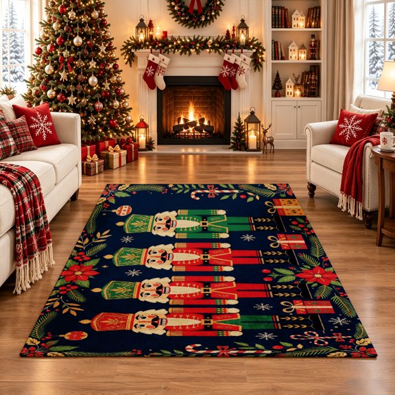 Gelasgo Nutcracker Soldier Area Rug Soft Velvet Rectangle Christmas Holiday Vintage Floor Carpet Decor for Living Room