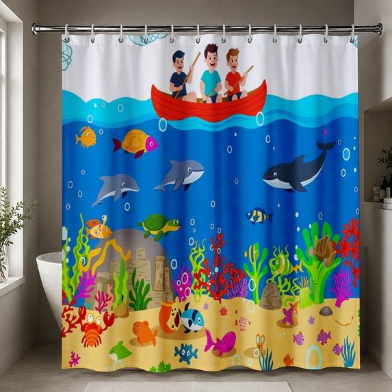 Gelasgo Ocean Sea Life Shower Curtain Polyester Fabric Waterproof Bathroom Curtains 72x72 Inch Kids Undersea Boat Fish Turtle Decor
