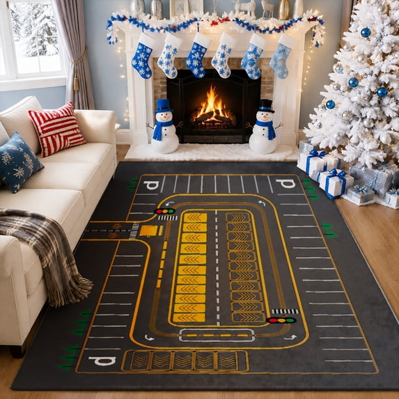 Gelasgo Parking Lot Road Map Velvet Area Rug, Vehicle Play Mat Rectangle Floor Carpet, Soft Plush Non Slip Rug for Kids Playroom 63"×39.4"