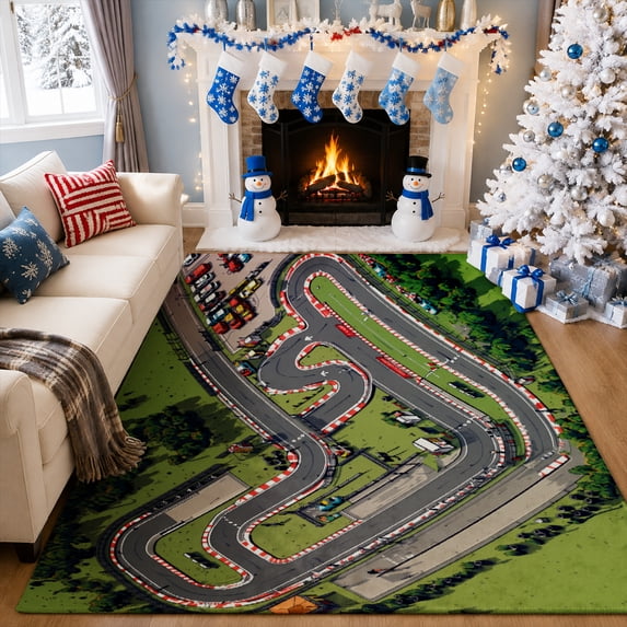 Gelasgo Racing Track Velvet Area Rug, Motorsport Circuit Decorative Carpet, Detailed Sports Floor Mat for Kids Room Bedroom Playroom Game Room Home Decor