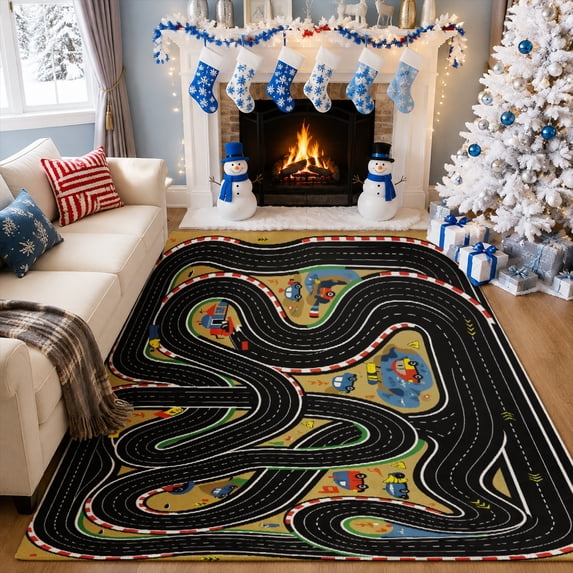 Gelasgo Racing Track Velvet Area Rug, Road Map Play Mat Rectangle Floor Carpet, Soft Plush Non Slip Rug for Kids Bedroom Playroom
