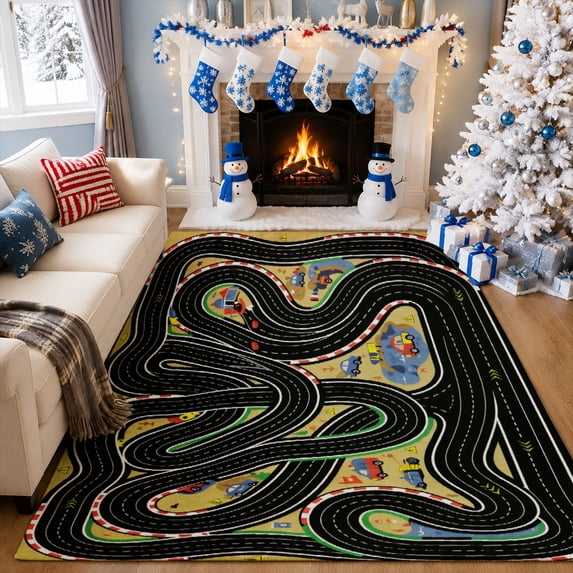 Gelasgo Racing Track Velvet Area Rug, Road Map Play Mat Rectangle Floor Carpet, Soft Plush Non Slip Rug for Kids Room Playroom Decor 47.2"×31.5"