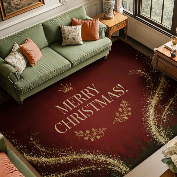 Gelasgo Rectangle Velvet Area Rug Merry Christmas Golden Lettering Red ...