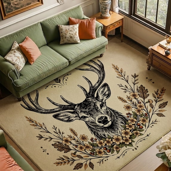 Gelasgo Rustic Deer Head Soft Velvet Area Rug, Woodland Animal Botanical Wreath Floor Mat Non-Slip Washable Rectangle Rug for Living Room Bedroom