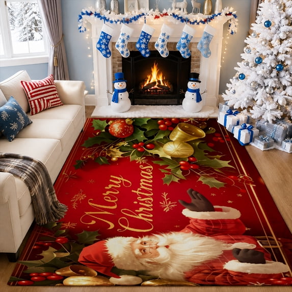 Gelasgo Santa Christmas Velvet Area Rug, Holiday Celebration Rectangle Floor Carpet, Soft Plush Non Slip Rug for Bedroom Living Room Decor