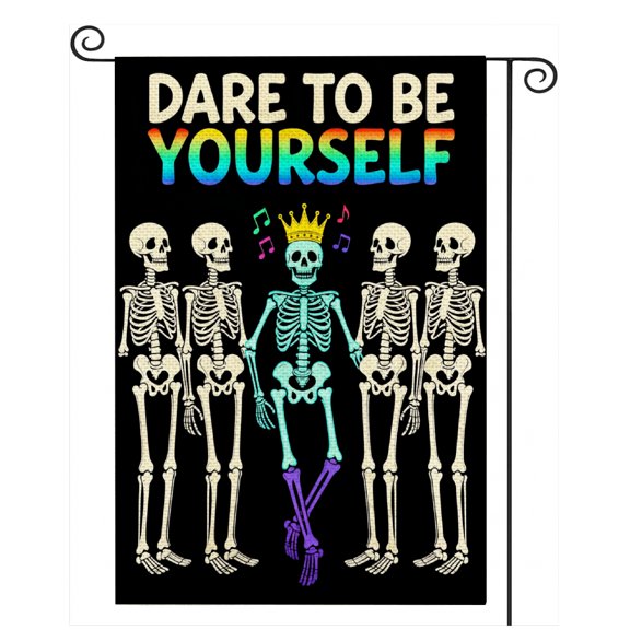 Gelasgo Skeleton Dance Garden Flag 12x18 Double Sided Dare to Be Yourself Halloween Spooky Outdoor Yard Decor Banner